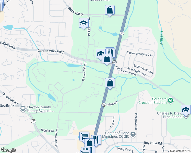 map of restaurants, bars, coffee shops, grocery stores, and more near 584 Briar Hill Court in Riverdale