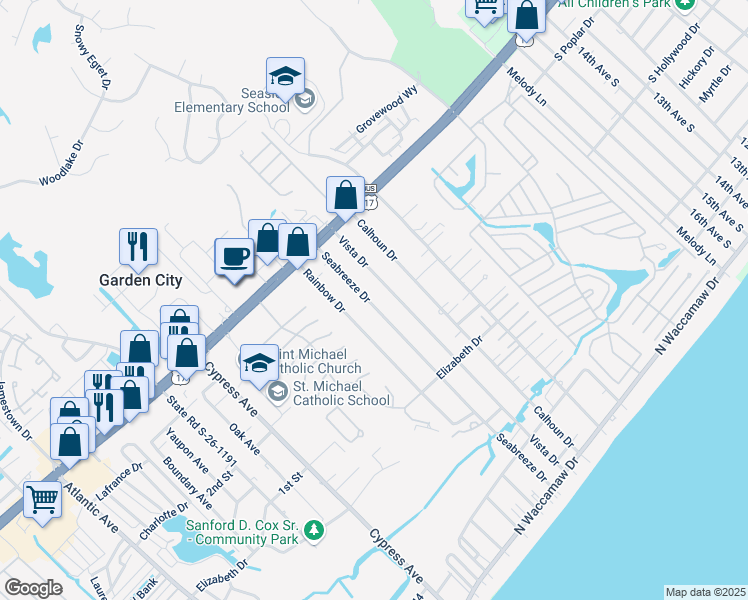 map of restaurants, bars, coffee shops, grocery stores, and more near 536 Seabreeze Drive in Murrells Inlet