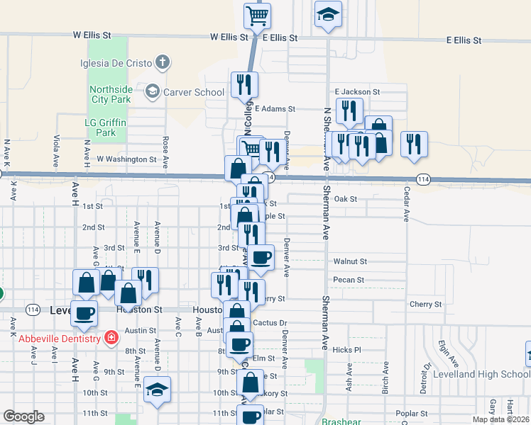 map of restaurants, bars, coffee shops, grocery stores, and more near 110 Oak Street in Levelland