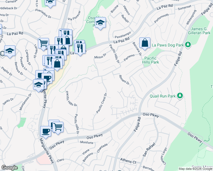 map of restaurants, bars, coffee shops, grocery stores, and more near 25551 Pacific Crest Drive in Mission Viejo