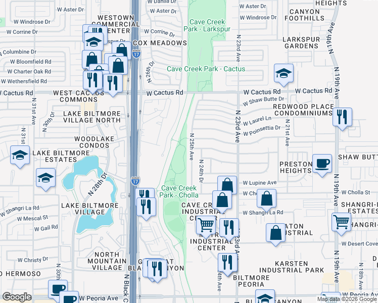 map of restaurants, bars, coffee shops, grocery stores, and more near 2430 West Altadena Avenue in Phoenix