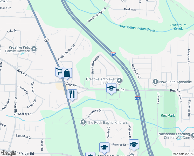 map of restaurants, bars, coffee shops, grocery stores, and more near 3154 Rex Ridge Circle in Rex