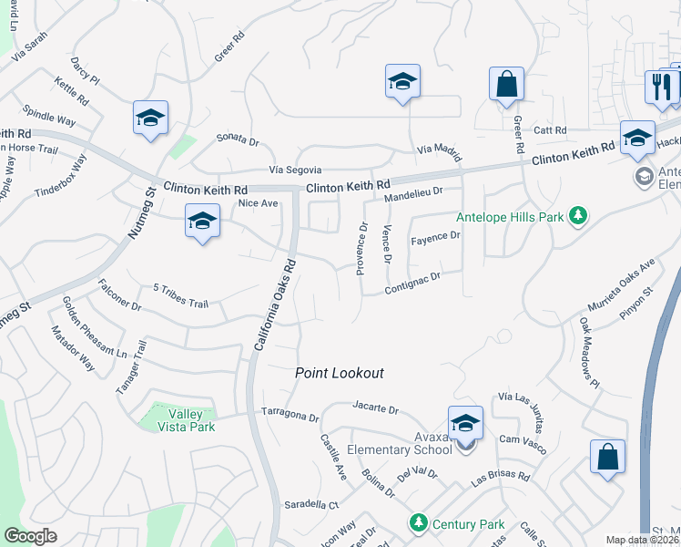 map of restaurants, bars, coffee shops, grocery stores, and more near 36258 Saint Raphael Drive in Murrieta