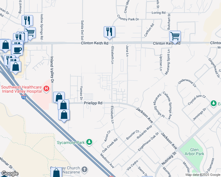map of restaurants, bars, coffee shops, grocery stores, and more near 36355 Jana Lane in Wildomar