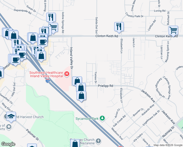 map of restaurants, bars, coffee shops, grocery stores, and more near 36491 Yamas Drive in Wildomar
