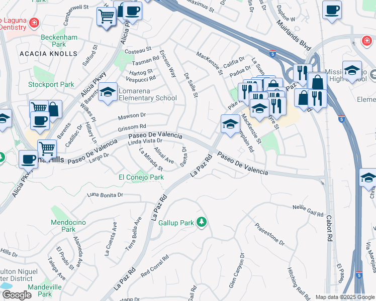 map of restaurants, bars, coffee shops, grocery stores, and more near 25492 Sarita Drive in Laguna Hills