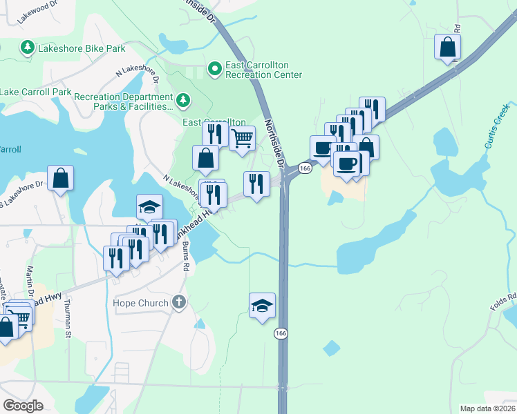 map of restaurants, bars, coffee shops, grocery stores, and more near 1111 Bankhead Highway in Carrollton