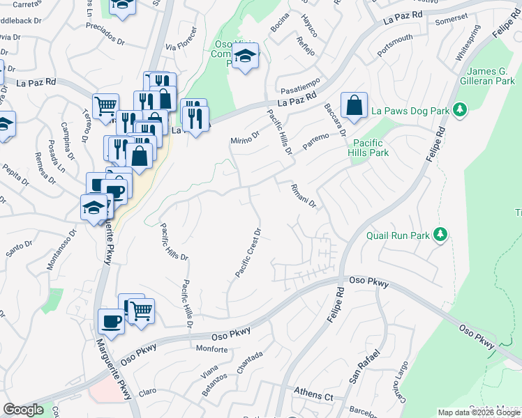 map of restaurants, bars, coffee shops, grocery stores, and more near 25551 Pacific Crest Drive in Mission Viejo