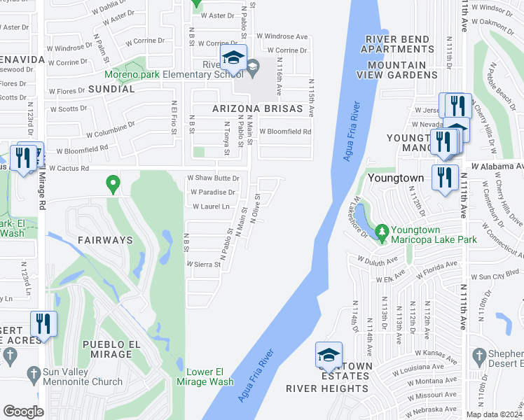 map of restaurants, bars, coffee shops, grocery stores, and more near 11533 West Laurel Lane in El Mirage