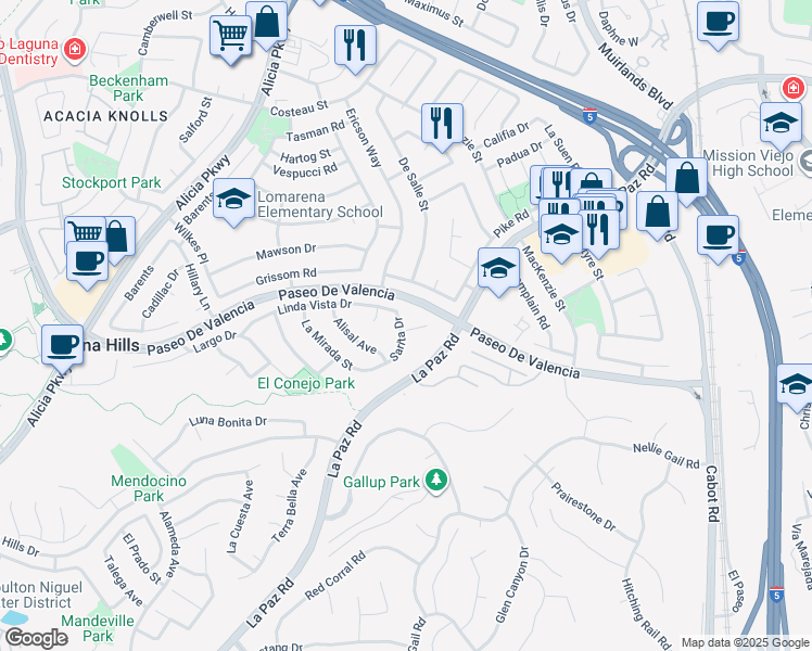 map of restaurants, bars, coffee shops, grocery stores, and more near 25492 Sarita Drive in Laguna Hills