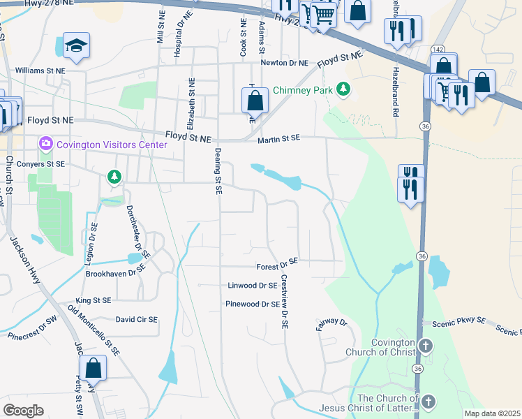 map of restaurants, bars, coffee shops, grocery stores, and more near 6114 Crestview Drive Southeast in Covington
