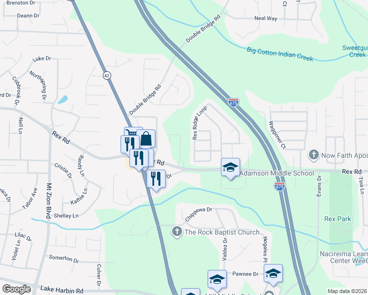 map of restaurants, bars, coffee shops, grocery stores, and more near 5652 Laney Drive in Rex
