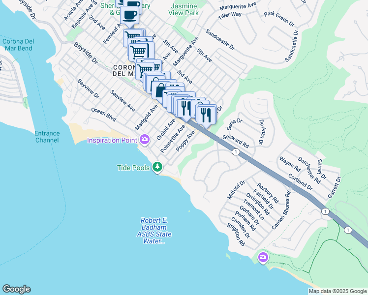 map of restaurants, bars, coffee shops, grocery stores, and more near 303 Poppy Avenue in Newport Beach