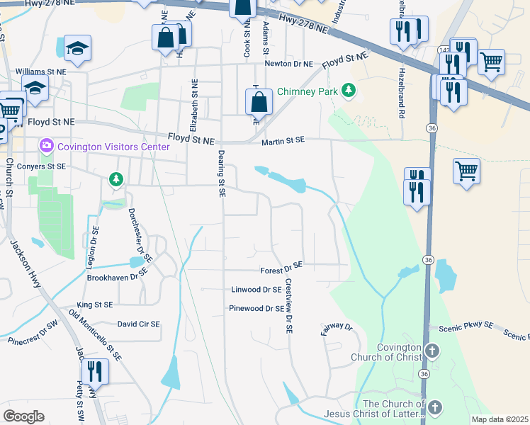 map of restaurants, bars, coffee shops, grocery stores, and more near 6114 Crestview Drive Southeast in Covington