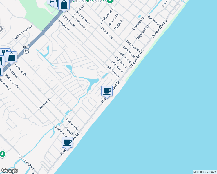 map of restaurants, bars, coffee shops, grocery stores, and more near 2026 Kingfisher Drive in Surfside Beach