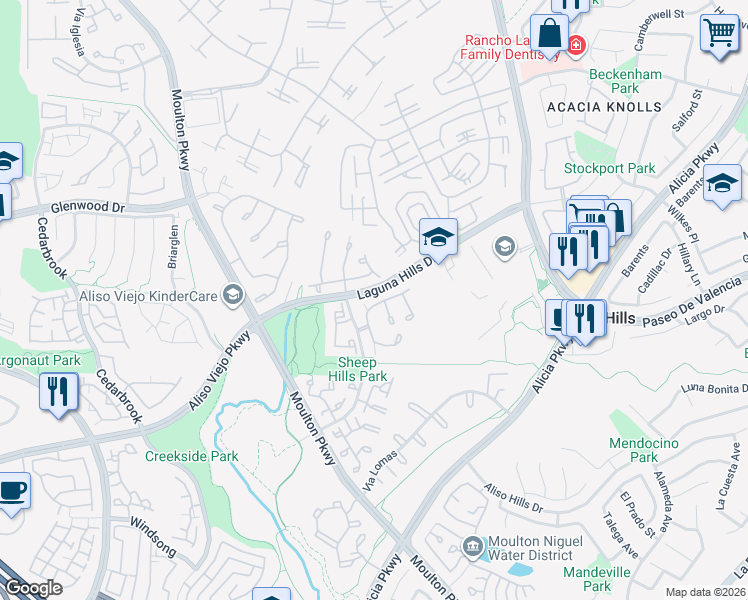 map of restaurants, bars, coffee shops, grocery stores, and more near 5 Heather Hill Lane in Laguna Hills