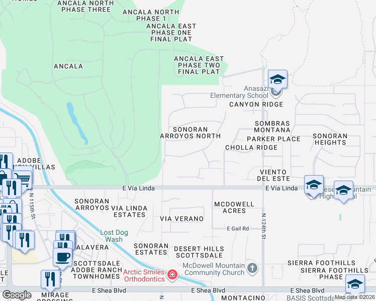 map of restaurants, bars, coffee shops, grocery stores, and more near 12085 East Altadena Drive in Scottsdale