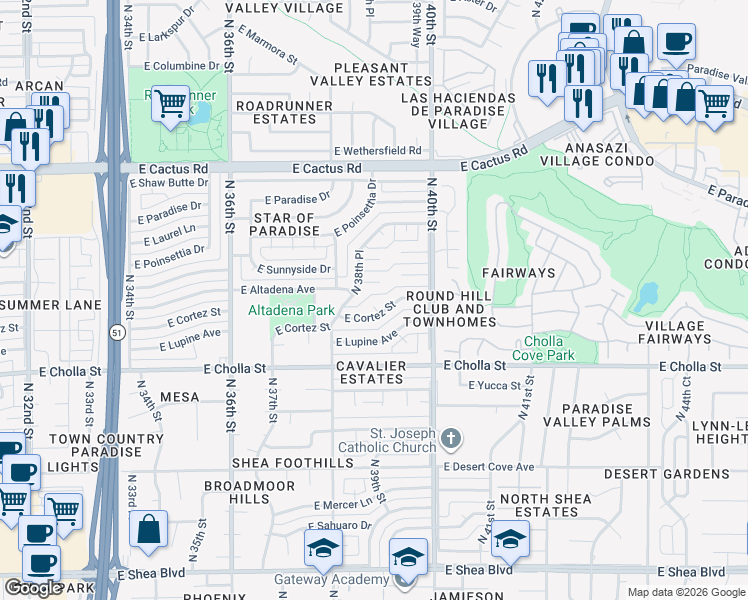 map of restaurants, bars, coffee shops, grocery stores, and more near 11625 North 38th Place in Phoenix