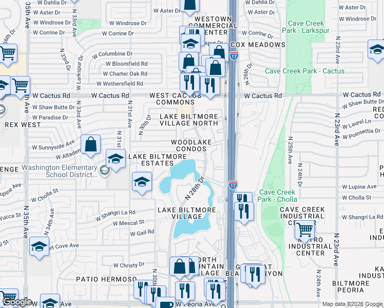 map of restaurants, bars, coffee shops, grocery stores, and more near 11666 North 28th Drive in Phoenix