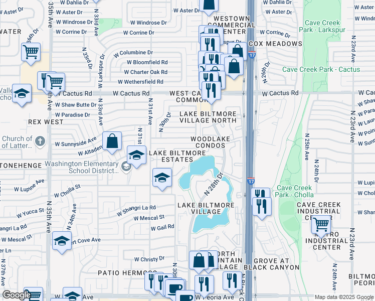 map of restaurants, bars, coffee shops, grocery stores, and more near 2910 West Altadena Avenue in Phoenix