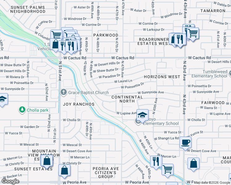 map of restaurants, bars, coffee shops, grocery stores, and more near 4720 West Sunnyside Avenue in Glendale