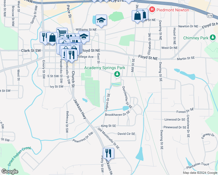 map of restaurants, bars, coffee shops, grocery stores, and more near 3158 Legion Drive Southeast in Covington
