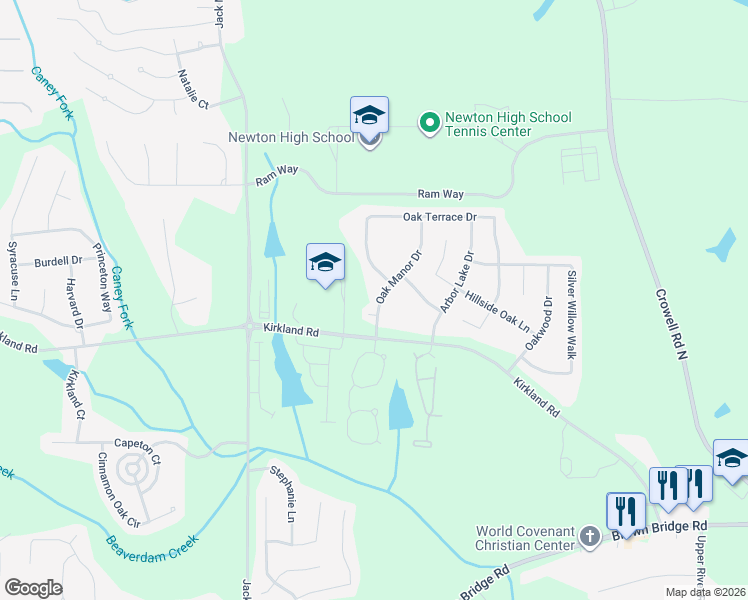 map of restaurants, bars, coffee shops, grocery stores, and more near 55 Oak Manor Drive in Covington