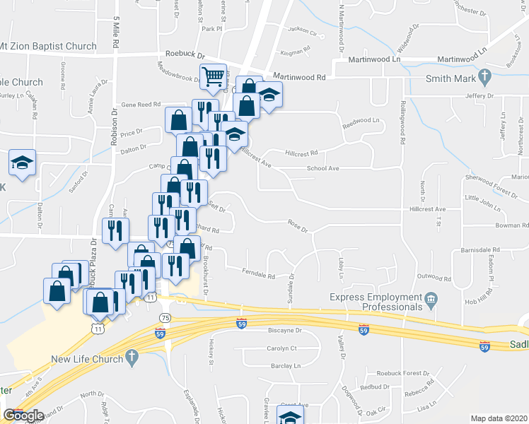 map of restaurants, bars, coffee shops, grocery stores, and more near 818 Rose Drive in Birmingham