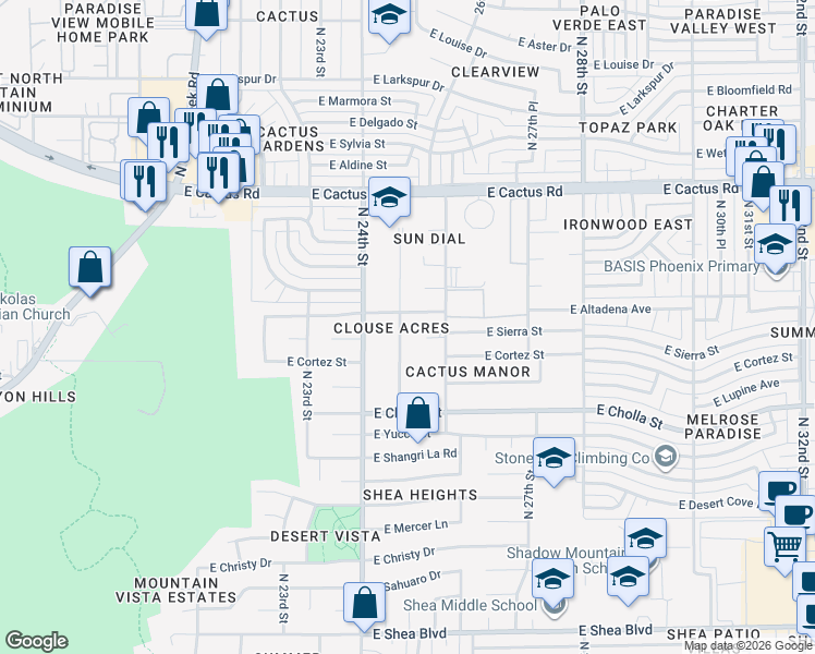 map of restaurants, bars, coffee shops, grocery stores, and more near 11621 North Bancroft Drive in Phoenix