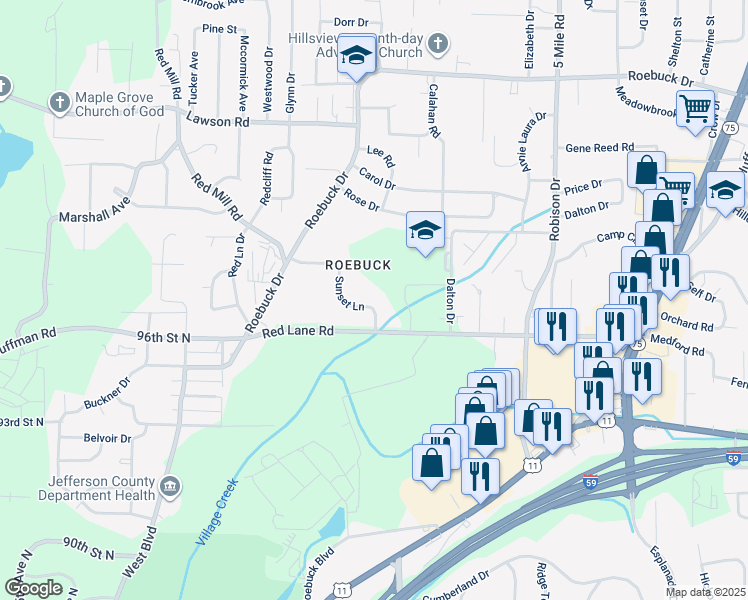 map of restaurants, bars, coffee shops, grocery stores, and more near 5 Sunset Lane in Birmingham