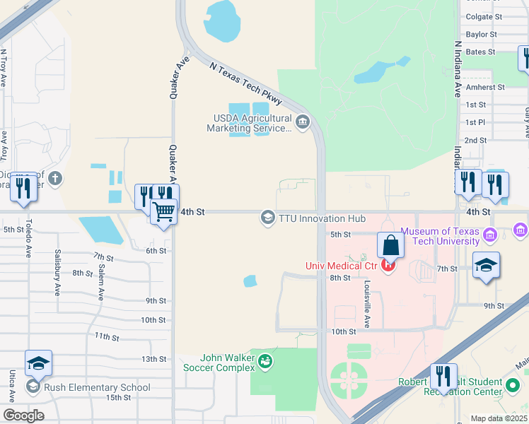 map of restaurants, bars, coffee shops, grocery stores, and more near 3911 4th Street in Lubbock