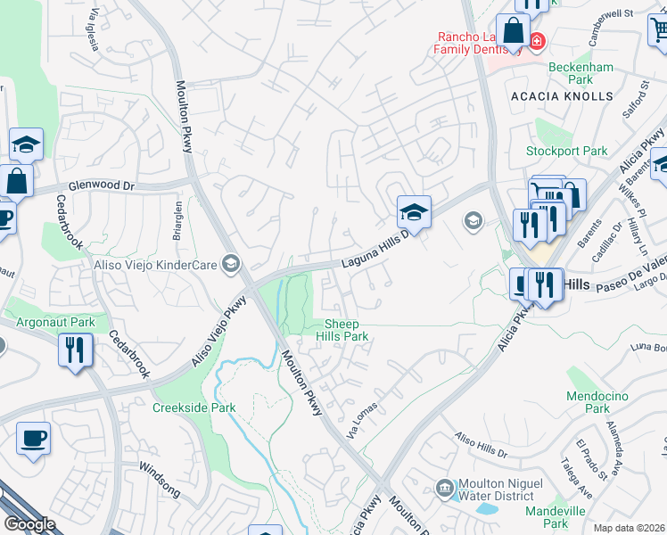 map of restaurants, bars, coffee shops, grocery stores, and more near 25541 Indian Hill Lane in Laguna Hills