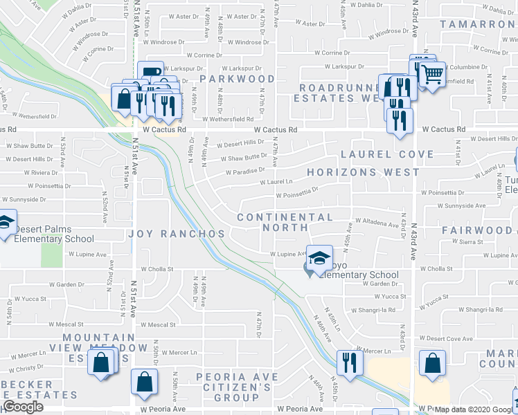 map of restaurants, bars, coffee shops, grocery stores, and more near 4720 West Sunnyside Avenue in Glendale