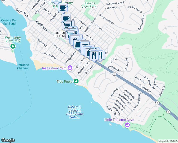 map of restaurants, bars, coffee shops, grocery stores, and more near 308 Poppy Avenue in Newport Beach