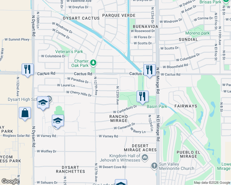map of restaurants, bars, coffee shops, grocery stores, and more near 12506 West Laurel Lane in El Mirage