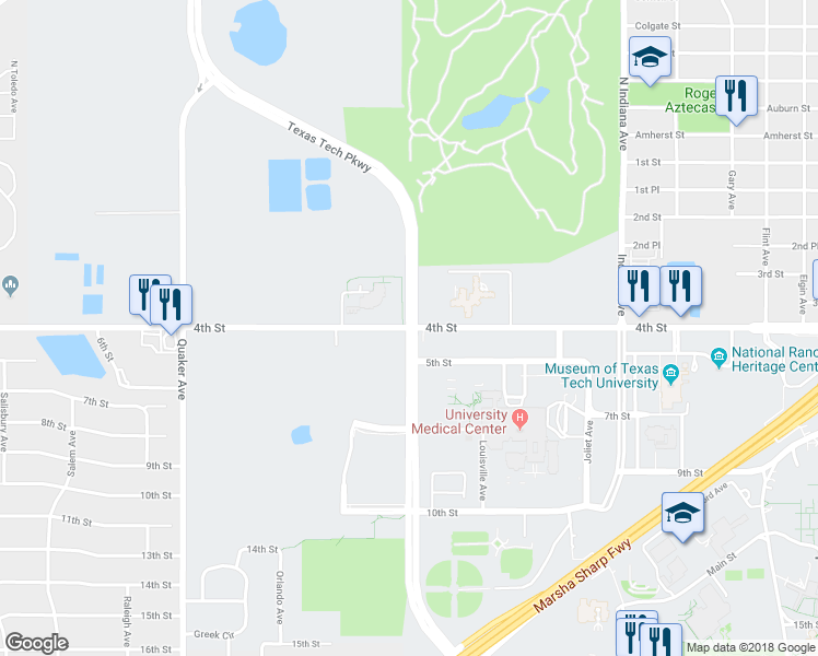 map of restaurants, bars, coffee shops, grocery stores, and more near Texas Tech Parkway in Lubbock