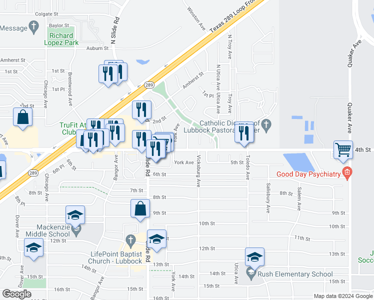 map of restaurants, bars, coffee shops, grocery stores, and more near 4902 4th Street in Lubbock