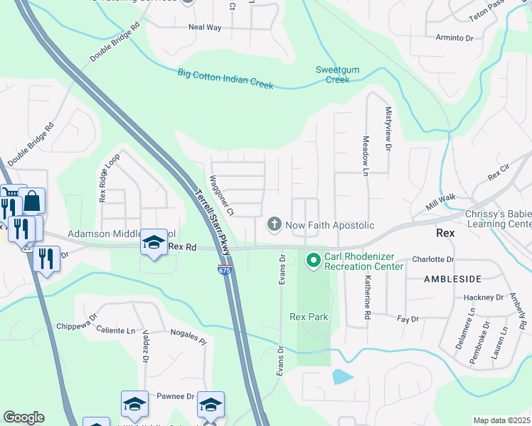 map of restaurants, bars, coffee shops, grocery stores, and more near 5874 Waggoner Court in Rex