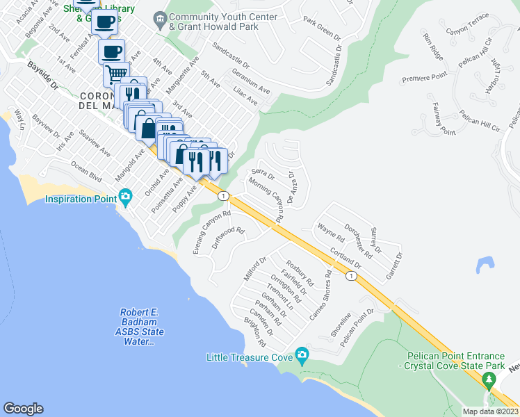 map of restaurants, bars, coffee shops, grocery stores, and more near 4148 Shorecrest Lane in Newport Beach