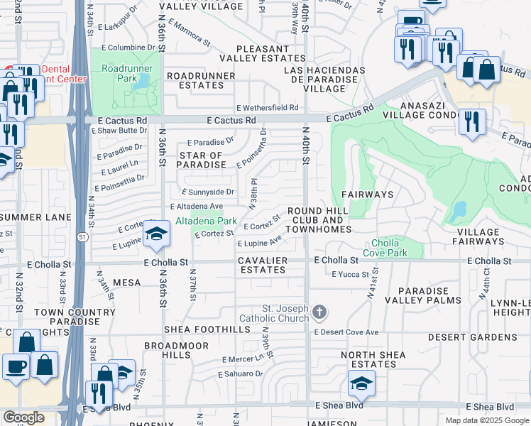 map of restaurants, bars, coffee shops, grocery stores, and more near 11625 North 38th Place in Phoenix