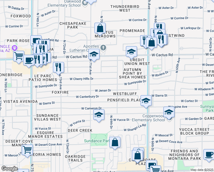 map of restaurants, bars, coffee shops, grocery stores, and more near 6933 West Sunnyside Drive in Peoria