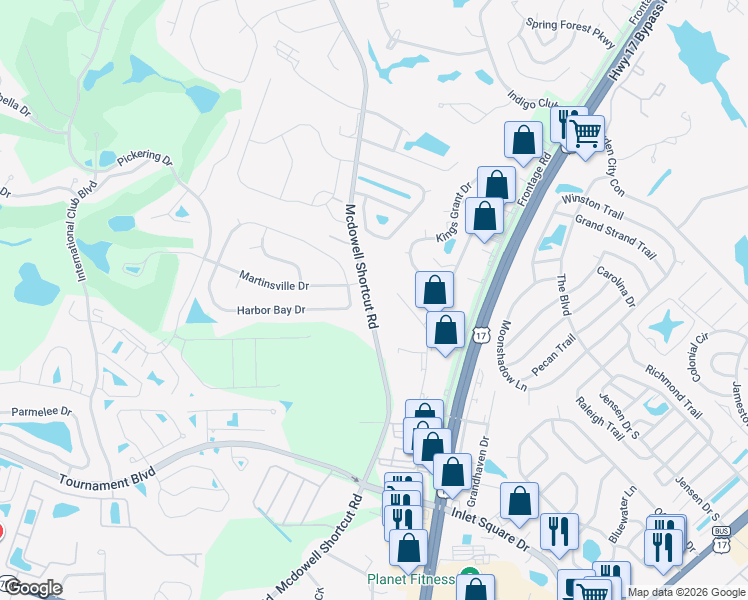 map of restaurants, bars, coffee shops, grocery stores, and more near 10895 Mcdowell Shortcut Road in Murrells Inlet