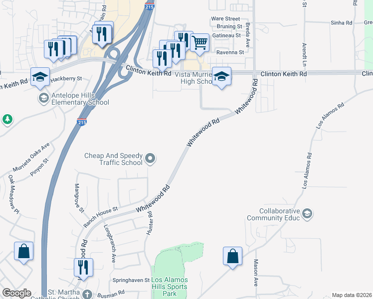 map of restaurants, bars, coffee shops, grocery stores, and more near Whitewood Road in Murrieta