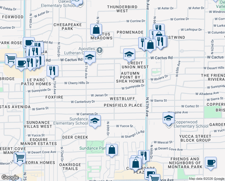 map of restaurants, bars, coffee shops, grocery stores, and more near 6903 West Sunnyside Drive in Peoria