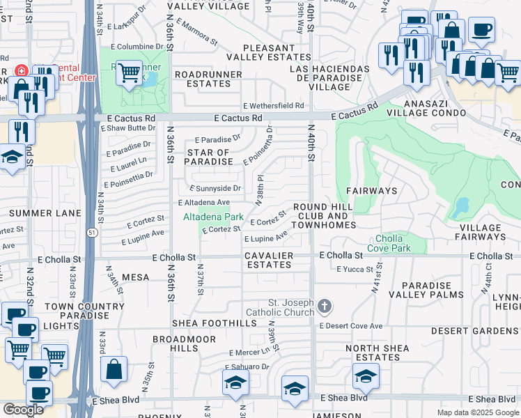 map of restaurants, bars, coffee shops, grocery stores, and more near 11625 N 38th Pl in Phoenix
