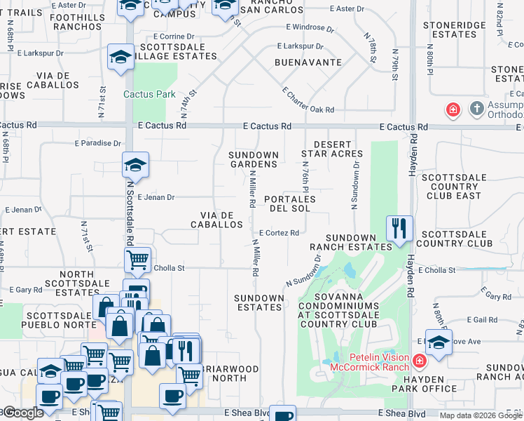 map of restaurants, bars, coffee shops, grocery stores, and more near 11633 North Miller Road in Scottsdale