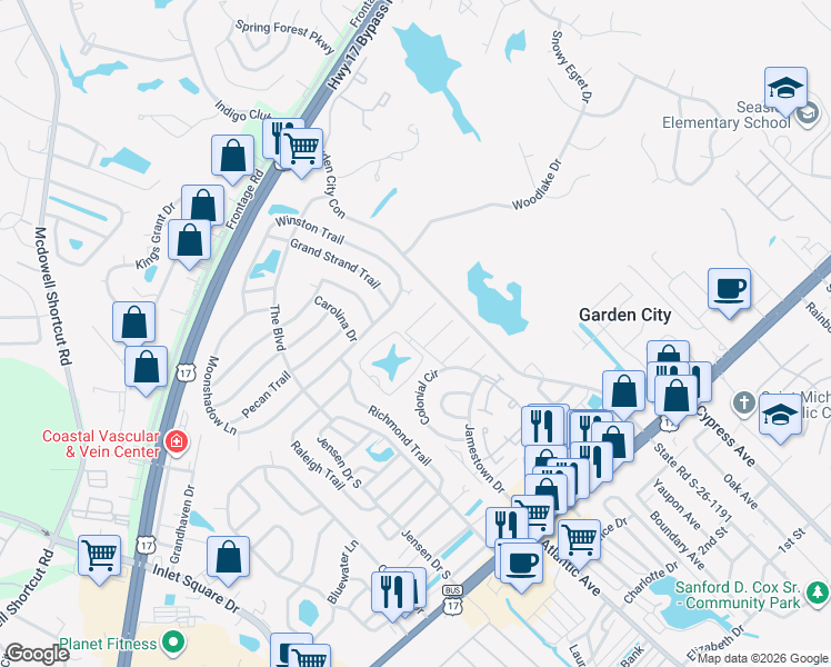 map of restaurants, bars, coffee shops, grocery stores, and more near 103 Cambridge Circle in Murrells Inlet