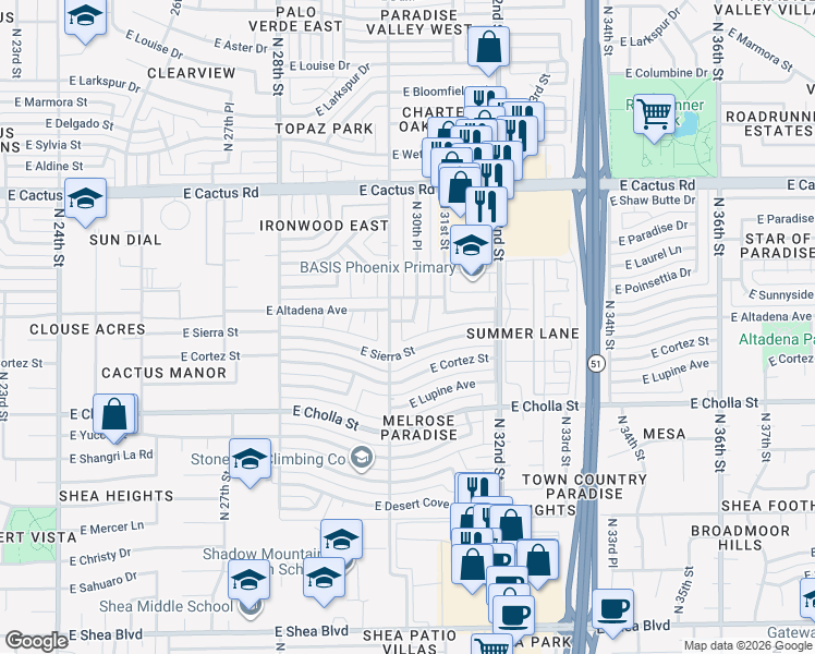map of restaurants, bars, coffee shops, grocery stores, and more near 3015 East Altadena Avenue in Phoenix