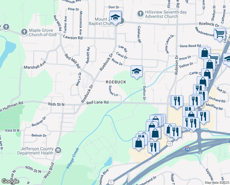 map of restaurants, bars, coffee shops, grocery stores, and more near 11 Sunset Lane in Birmingham