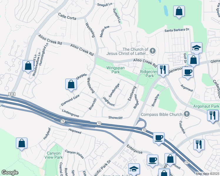 map of restaurants, bars, coffee shops, grocery stores, and more near 40 Coppercrest in Aliso Viejo